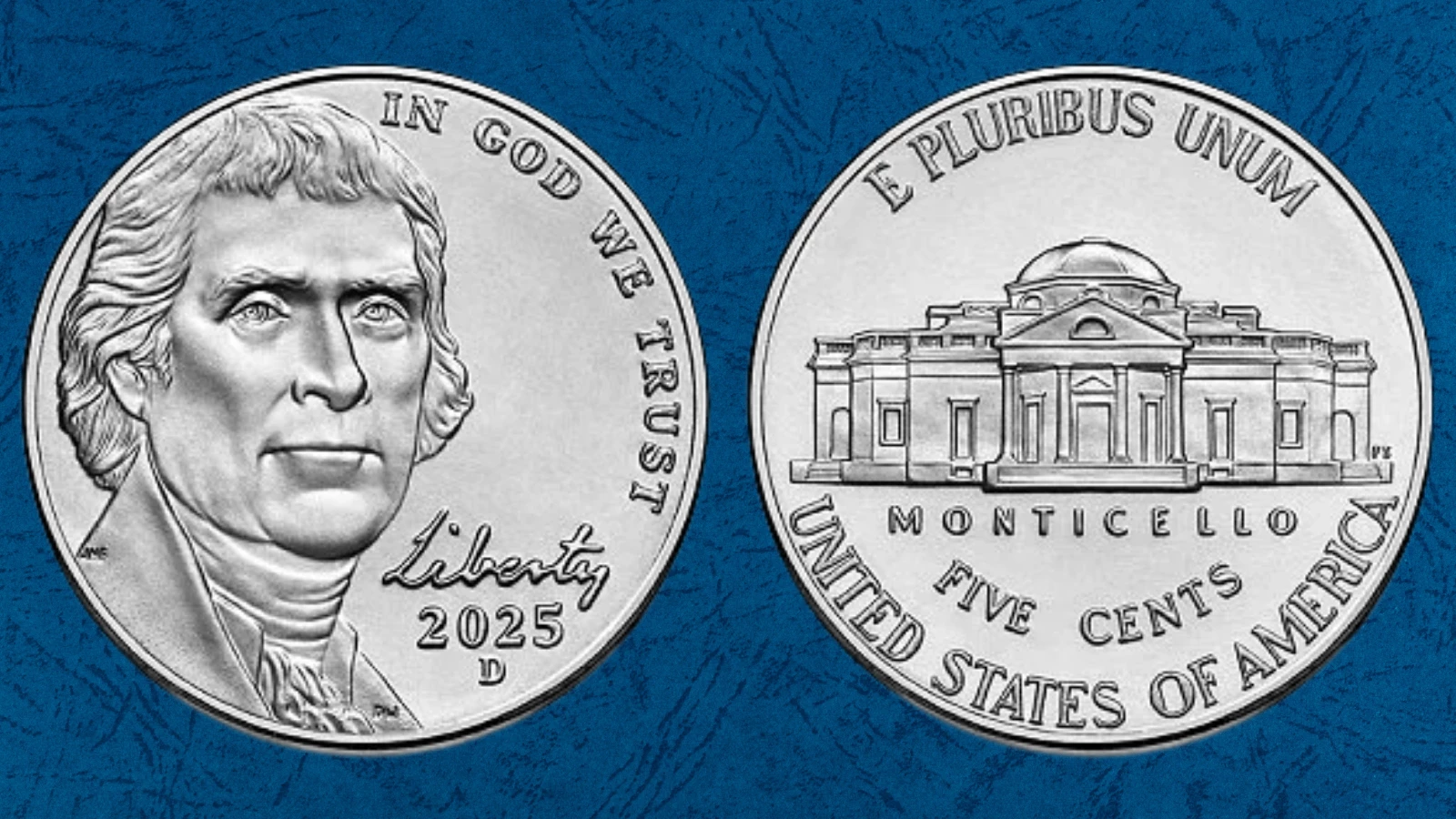 Side-by-side comparison of 2025 Jefferson nickel Monticello reverse without Full Steps versus with Full Steps designation
