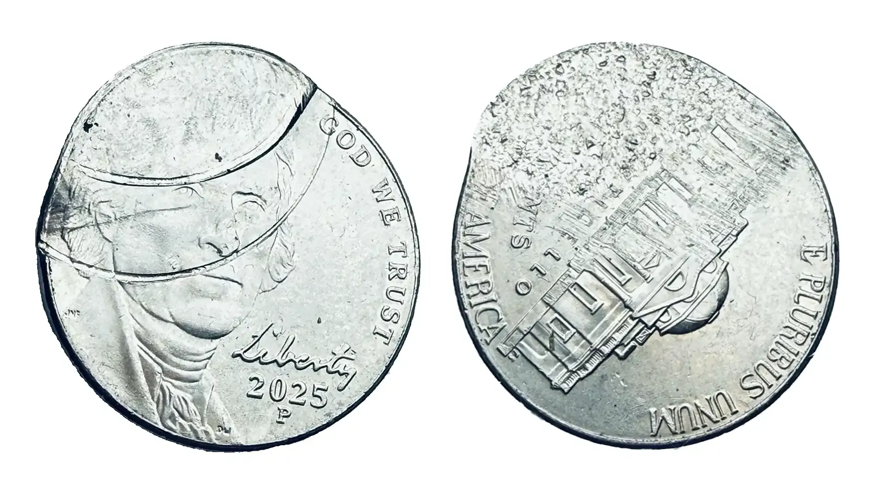 2025 Jefferson nickel showing 30-40% off-center strike with blank crescent and shifted Jefferson portrait, date visible