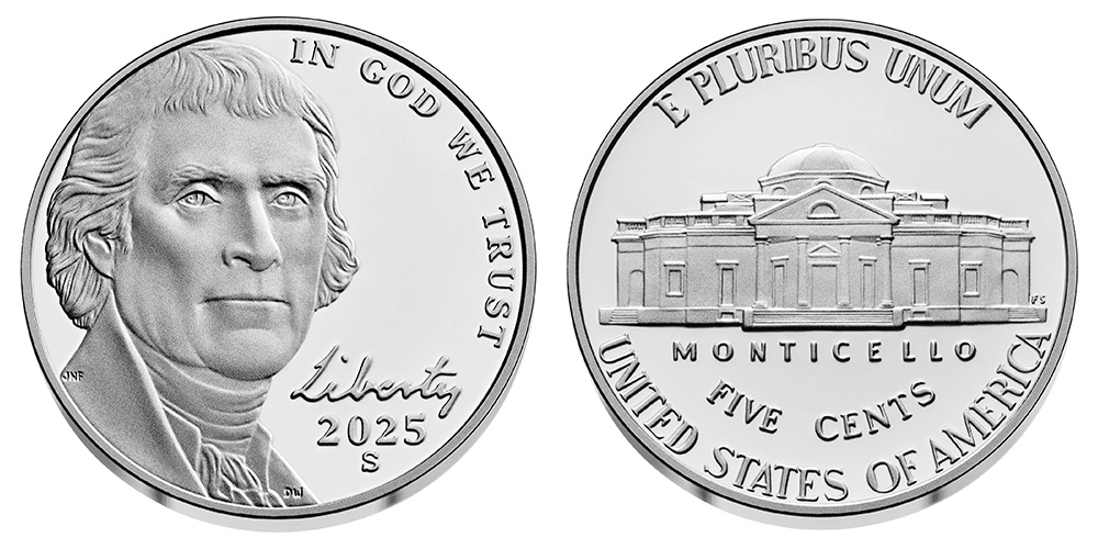 2025 Jefferson nickel bank rolls and mint packaging showing Philadelphia and Denver production quantities
