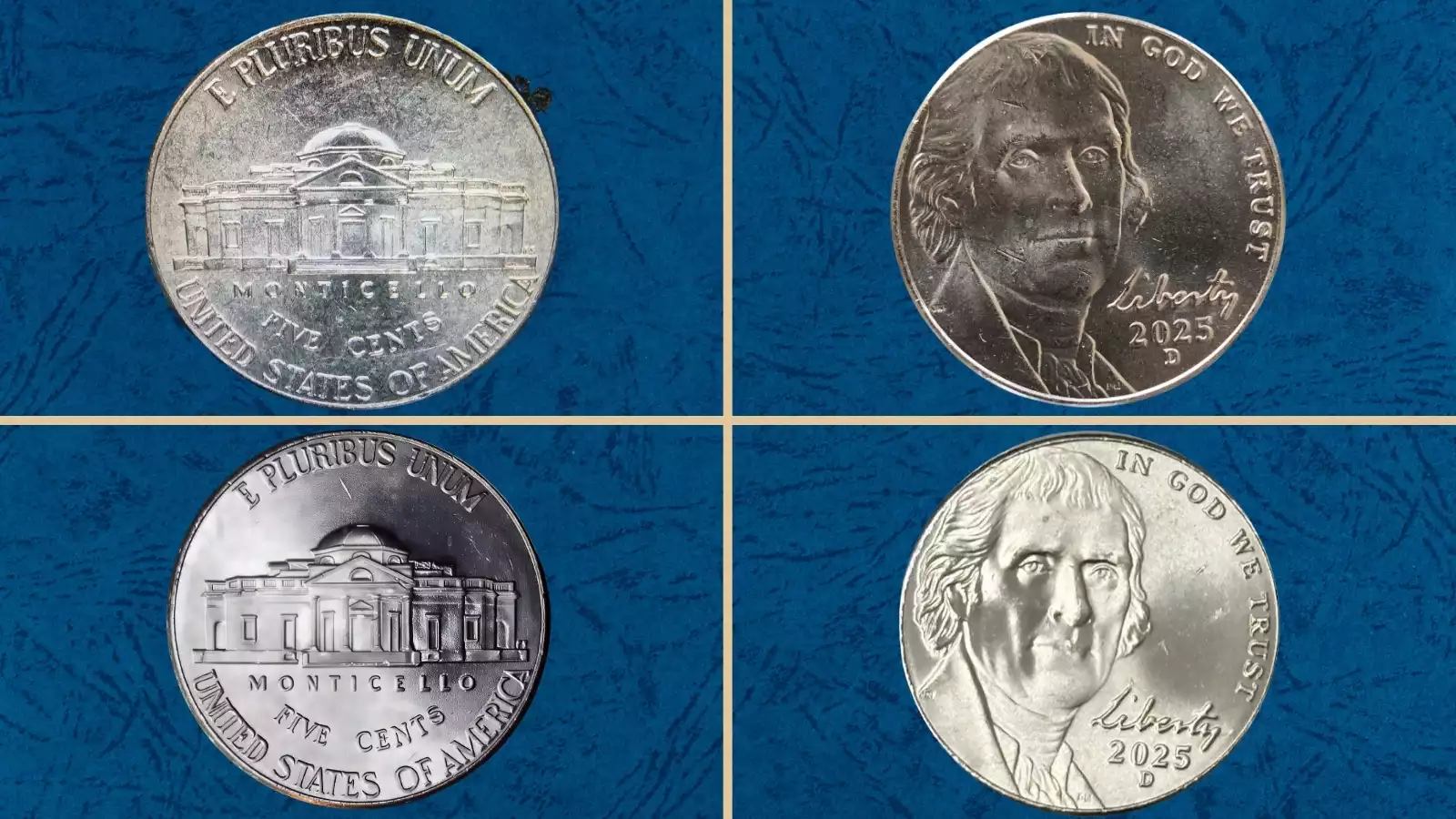 2025 Jefferson nickel grading strip showing four condition tiers from heavily worn through gem uncirculated Full Steps